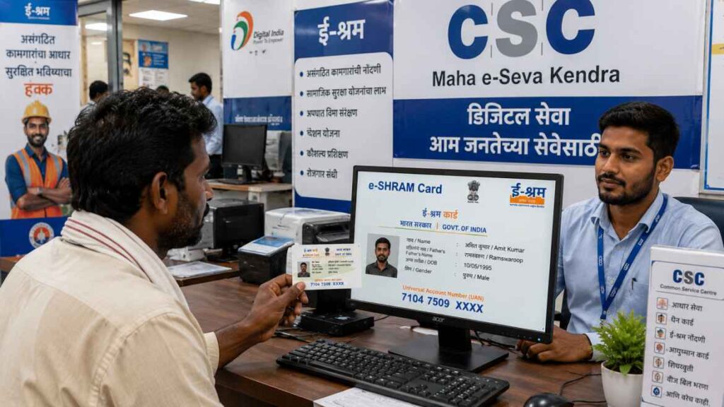 इमेज सजेशन: महा-ई-सेवा केंद्रामध्ये (CSC) एक कामगार डिजिटल स्क्रीनवर आपले E-Shram Card दाखवून नोंदणी करत असतानाचा रिअलस्टिक फोटो.