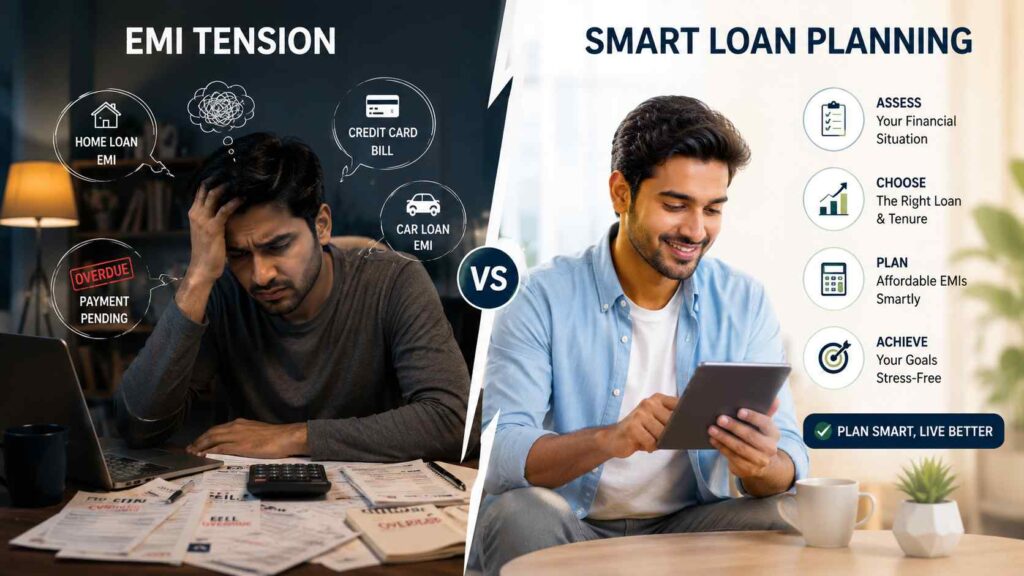 Image Suggestion: EMI tension मध्ये बसलेला युवक आणि दुसऱ्या बाजूला “Smart Loan Planning” दाखवणारा concept image..1280 by 720